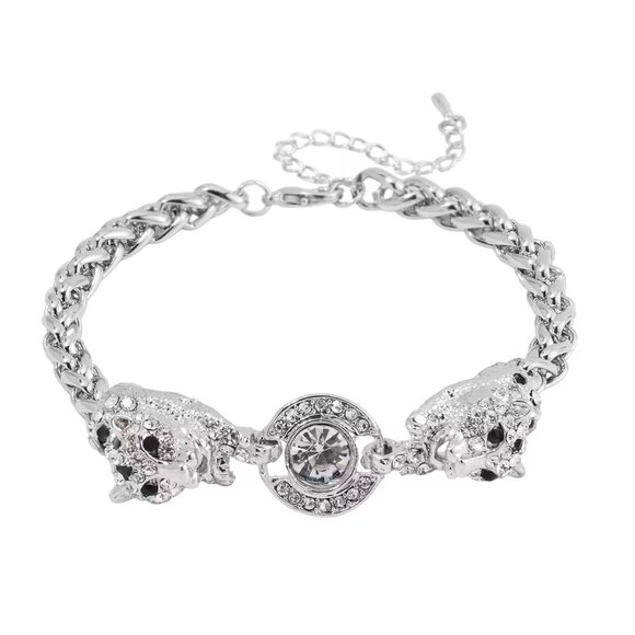 Black and White Austrian Crystal and Enameled Tiger Bracelet in Silvertone - Picture 1 of 3